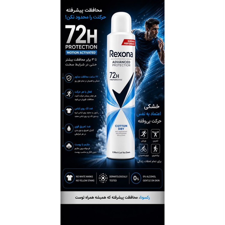 اسپری ضدتعریق رکسونا مدل Arg Advanced Protection Cotton Dry حجم 200 میلیلیتر