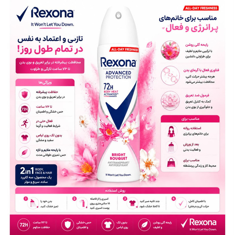 اسپری ضدتعریق زنانه رکسونا مدل Bright Bouquet 72H حجم 200 میلیلیتر