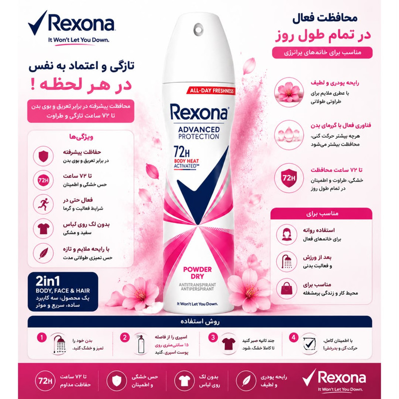 اسپری ضدتعریق زنانه رکسونا مدل Powder Dry 72H حجم 200 میلیلیتر
