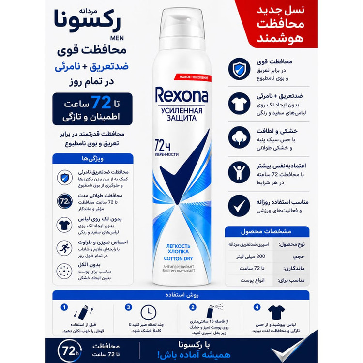 اسپری ضدتعریق زنانه رکسونا مدل Dry Cotton حجم 200 میلیلیتر