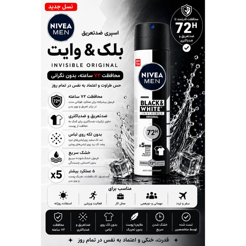 اسپری ضدتعریق مردانه نیوآ مدل 48H Black White Invisible Original حجم 200 میلیلیتر