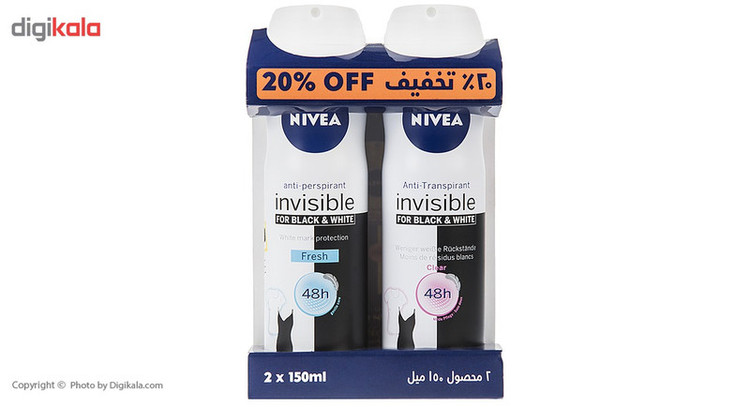 اسپری بدن زنانه نیوآ مدل Invisible Black and White Fresh Invisible Black And White Clear حجم 150 میلی لیتر بسته 2 عددی