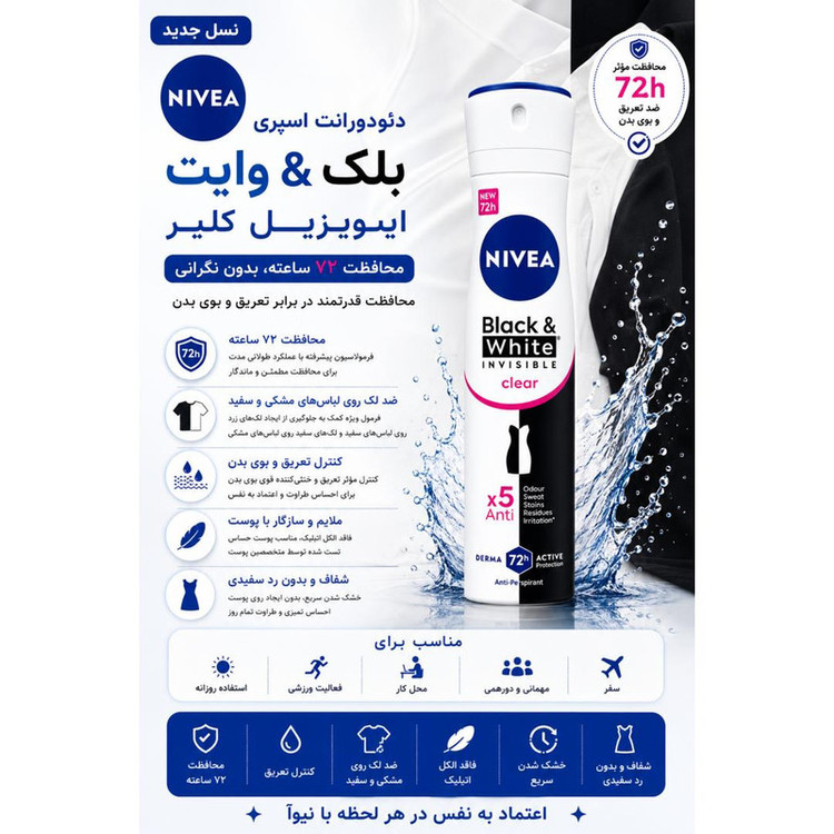 اسپری ضدتعریق زنانه نیوآ مدل 48H Black White Invisible Clear حجم 200 میلیلیتر