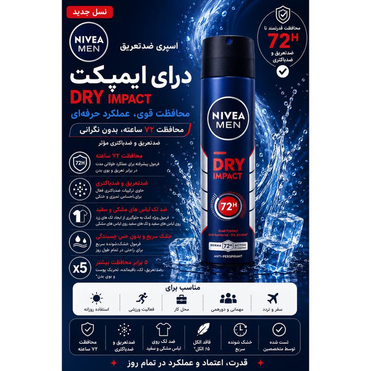 اسپری ضدتعریق مردانه نیوآ مدل 48H Dry Impact حجم 200 میلیلیتر