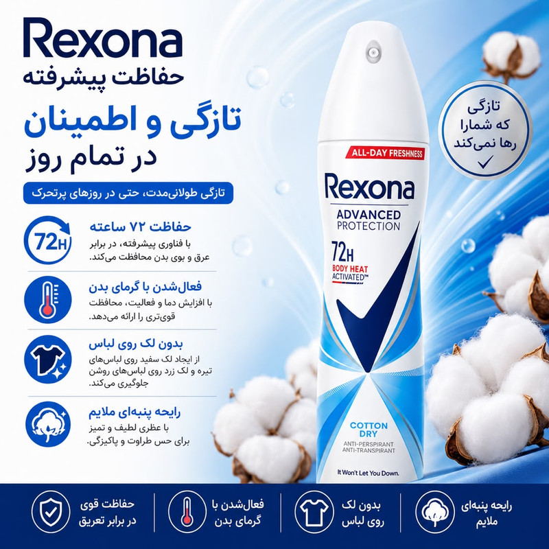 اسپری ضدتعریق زنانه رکسونا مدل Ita 72H Cotton Dry حجم 200 میلیلیتر