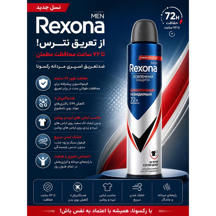 اسپری ضدتعریق رکسونا مدل Russ Invisible Antibacterial+72H حجم 200 میلیلیتر