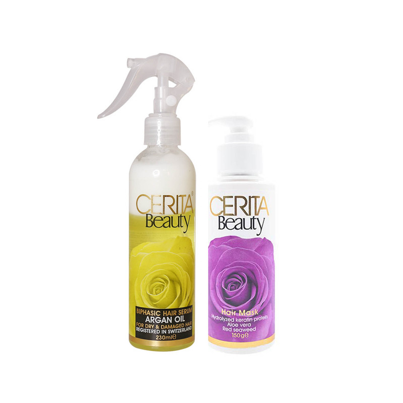 ماسک مو سریتا مدل aloevera حجم 150 میلی لیتر به همراه سرم مو مدل Argan حجم 230 میلی لیتر