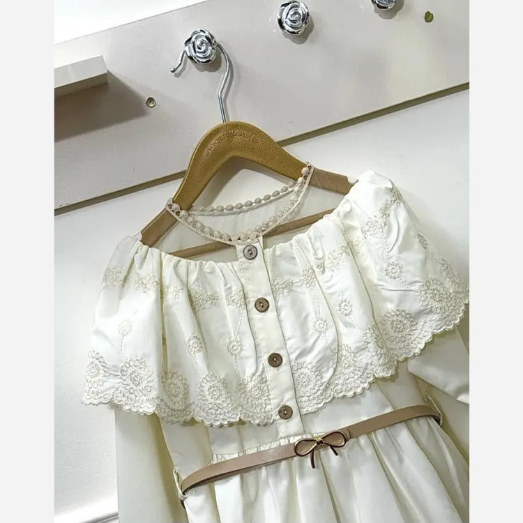 پیراهن مجلسی دخترانه جنس تترون همراه با کمربند چرمی سایز 6 تا 14 سال