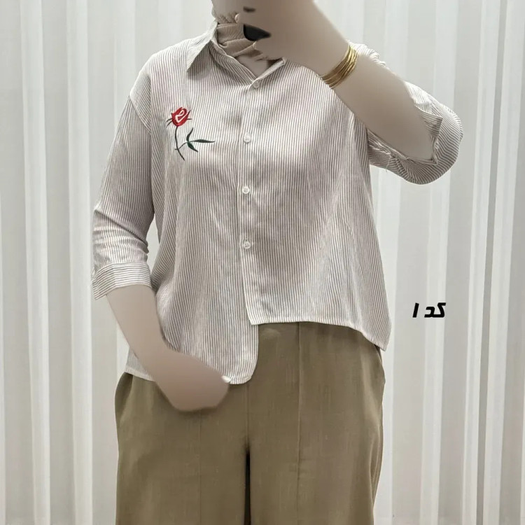 شومیز زنانه راه راه نخی گلدوزی شده دکمه دار فری سایز مناسب تا 44