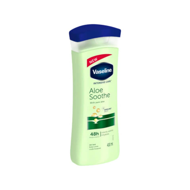 لوسیون نرمکننده بدن وازلین مدل Aloe Soothe حجم 400 میلیلیتر حاوی آلوئه ورا و ویتامین E با ماندگاری رطوبت تا 48 ساعت و مناسب پس از استحمام