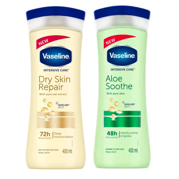 پک لوسیون بدن وازلین مدل DRY INTENSIVE CARE حجم 400 میلیلیتر با روغن جو و مدل Aloe SOOTHE حجم 400 میلیلیتر با عصاره آلوئه ورا مناسب پوست خشک و حساس، مرطوبکننده قوی و التیامبخش