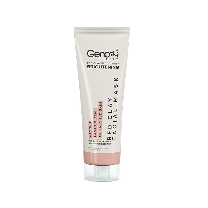 ماسک صورت و گردن روشنکننده و لایهبردار خاک رس قرمز ژنوبایوتیک مدل Red Clay حجم 100 میلیلیتر با عصاره برگ هلو و خیار، آنتیاکسیدان و از بین برنده تیرگی و لکه، مناسب انواع پوست