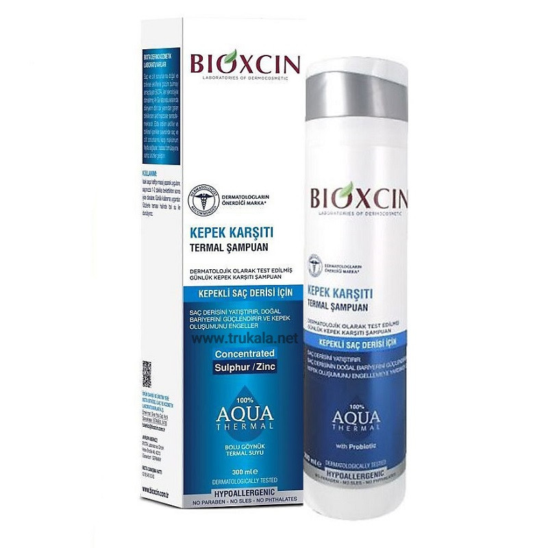 شامپو ضد شوره مو بیوکسین مدل AQUA THERMAL حجم 300 میلیلیتر، آبرسان، تقویتکننده پیاز مو، فاقد سولفات، مناسب انواع مو، حاوی بیوتین و گوگرد