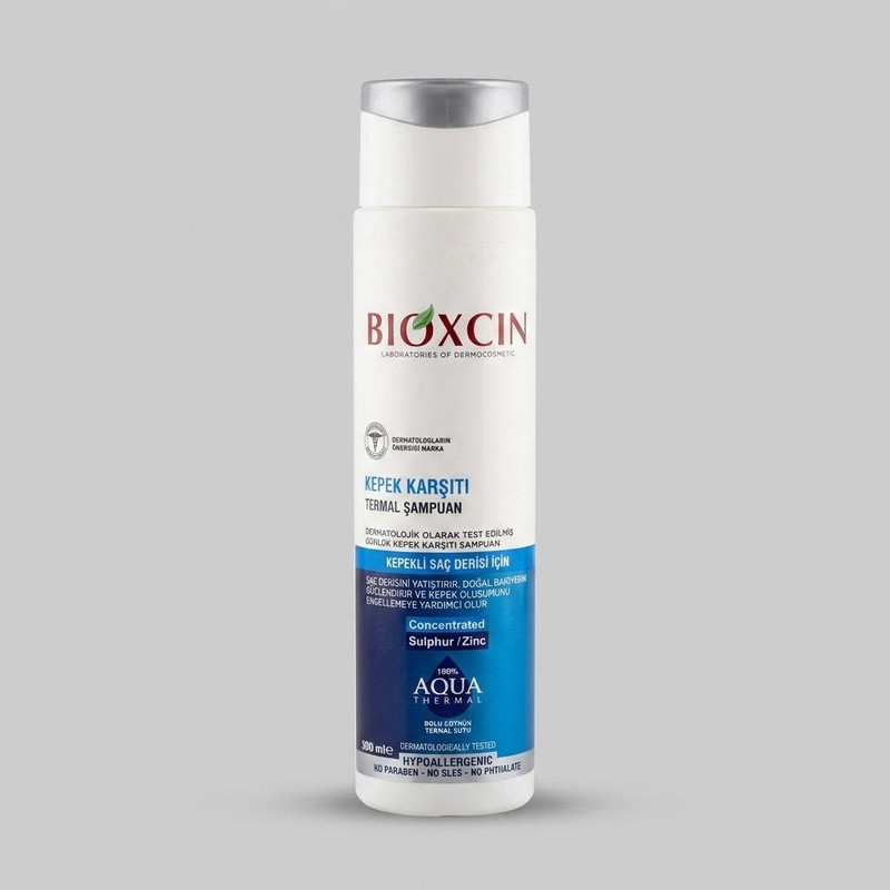 شامپو ضد شوره مو بیوکسین مدل AQUA THERMAL حجم 300 میلیلیتر، آبرسان، تقویتکننده پیاز مو، فاقد سولفات، مناسب انواع مو، حاوی بیوتین و گوگرد