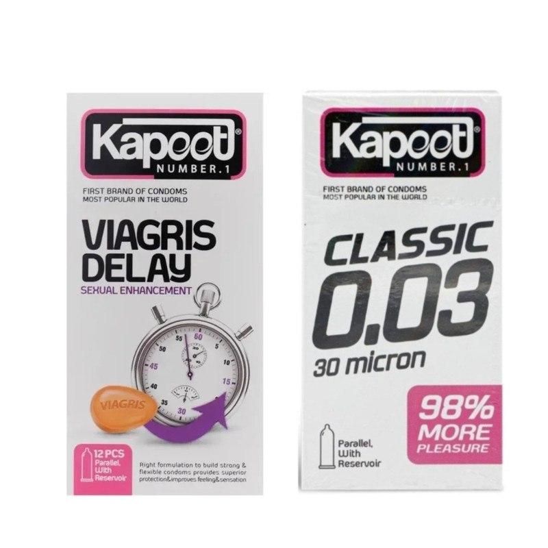 کاندوم کلاسیک کاپوت مدل 0.03 بسته 10 عددی به همراه کاندوم تاخیری کاپوت مدل VIAGRIS DELAY بسته 12 عددی