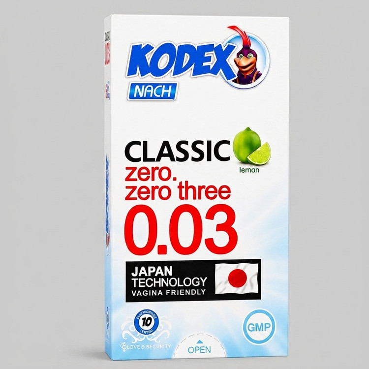 کاندوم ناچ کدکس مدل ۰۰۳ خیلی نازک با رایحه لیمو، جنس لاتکس، سایز M، بسته ۱۰ عددی