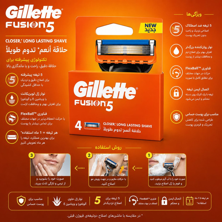 تیغ یدک ژیلت مدل NEW Fusion5 بسته 4 عددی