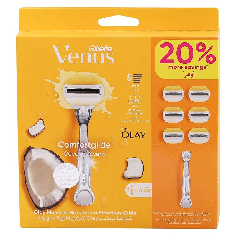 خود تراش ژیلت مدل Venus Comfortglide Coconut Scent Plus Olay به همراه تیغ یدک بسته 5 عددی