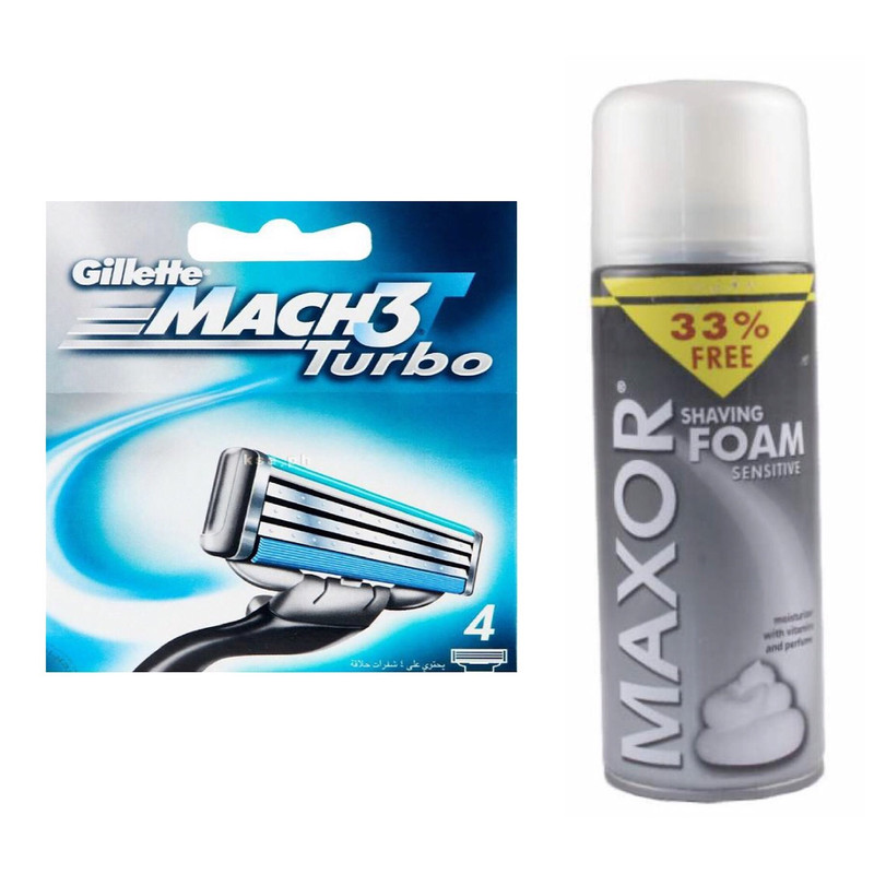 تیغ یدک ژیلت مدل Mach 3 Turbo لیبل دار بسته 4 عددی به همراه فوم اصلاح مکسور کد 5542 حجم 400 میلی لیتر
