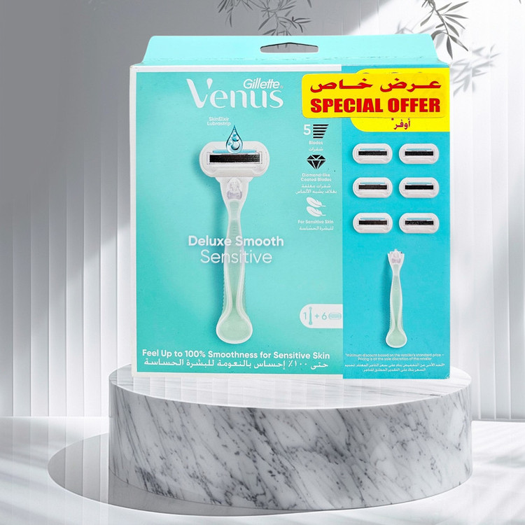 خود تراش ژیلت مدل Venus Deluxe Smooth Sensitive به همراه تیغ یدک بسته 5 عددی