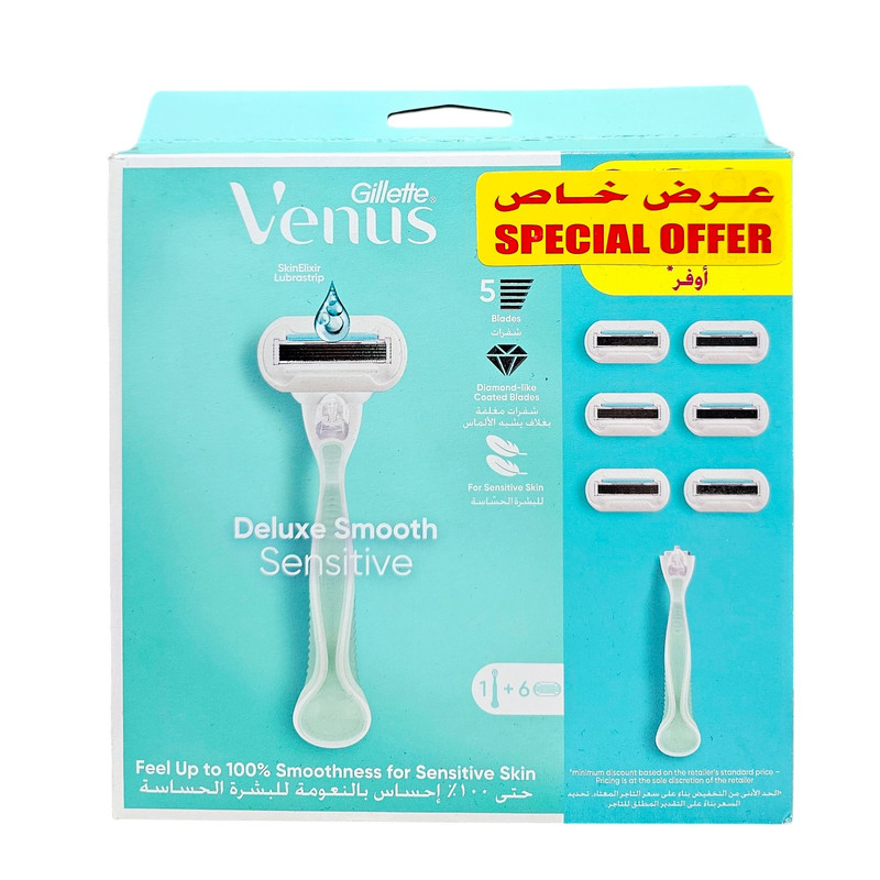 خود تراش ژیلت مدل Venus Deluxe Smooth Sensitive به همراه تیغ یدک بسته 5 عددی