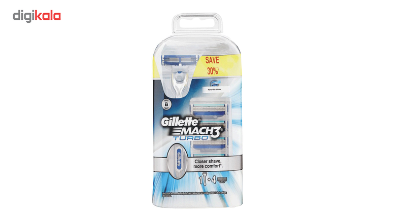خود تراش مردانه ژیلت مدل Mach3 Turbo همراه 4 عدد تیغ یدک و ژل 200 میل
