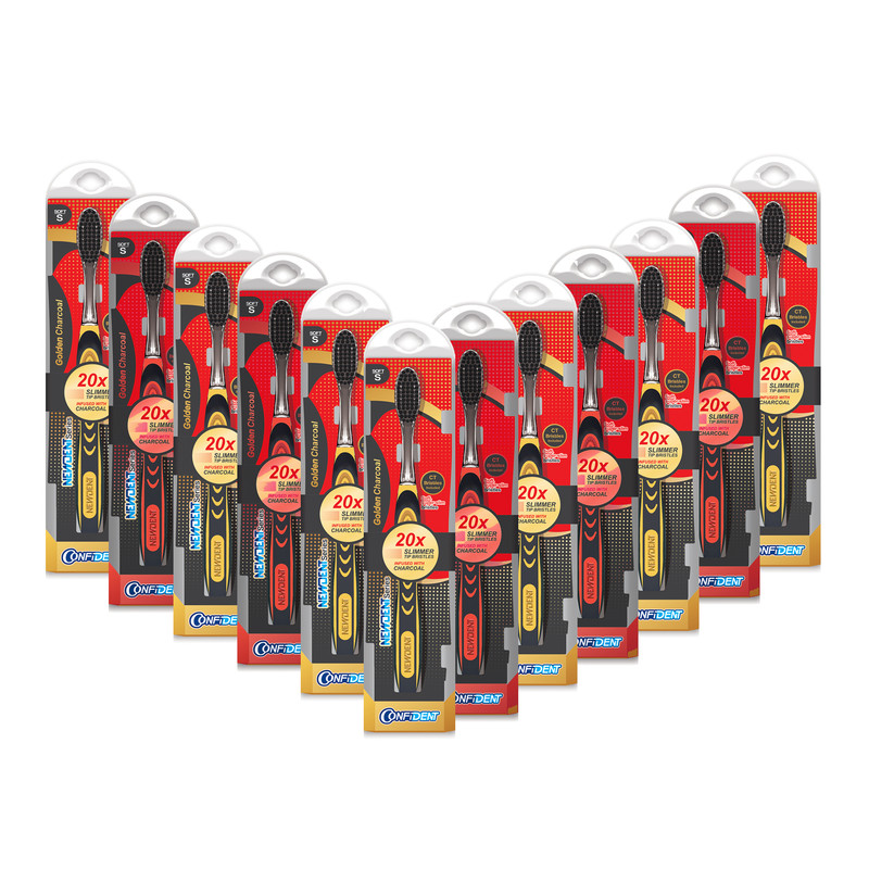مسواک کانفیدنت مدل Golden Charcoal12 با برس نرم مجموعه 12 عددی