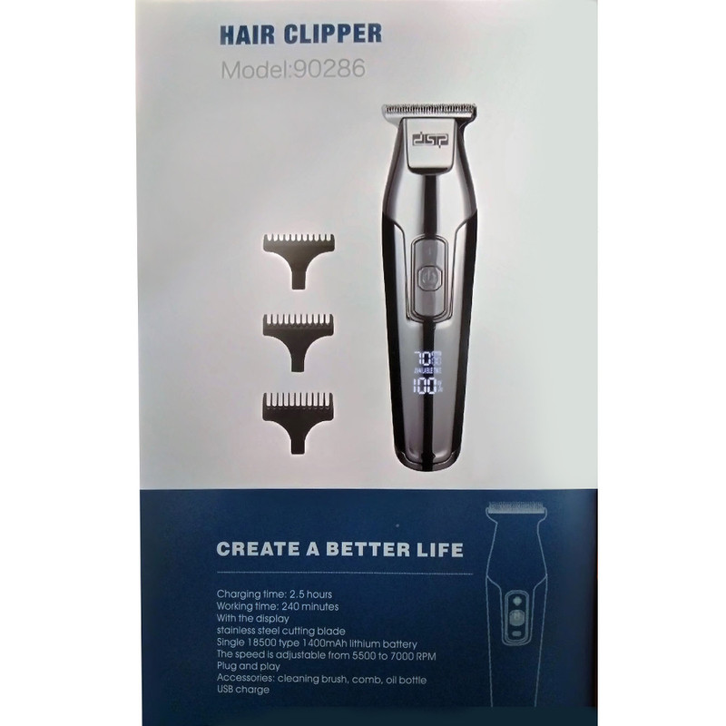ماشین اصلاح موی سر و صورت دی اس پی مدل 90286 با موتور AC 5 وات، سرعت قابل تنظیم 5500 تا 7000 دور در دقیقه، تیغه استیل ضد زنگ، باتری لیتیومی با شارژ USB و نمایشگر دیجیتال میزان شارژ و سرعت اصلاح
