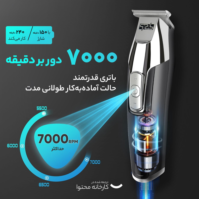 ماشین اصلاح سر و صورت دی اس پی مدل 90286/6CMB با تیغه استیل ضد زنگ، موتور قدرتمند با دور قابل تنظیم تا 7000 دور در دقیقه، نمایش وضعیت باتری، 6 عدد شانه راهنما و شانه فید، باتری قابل شارژ با 240 دقیقه استفاده مداوم