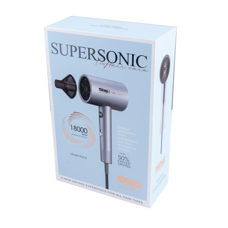 سشوار دی اس پی مدل 30414 با موتور قدرتمند DC385 و توان 1600 وات، دارای صفحه نمایش دیجیتال، سه حالت دمایی، سری متمرکز کننده و کابل 1.8 متری، مناسب استفاده خانگی و نیمه حرفهای