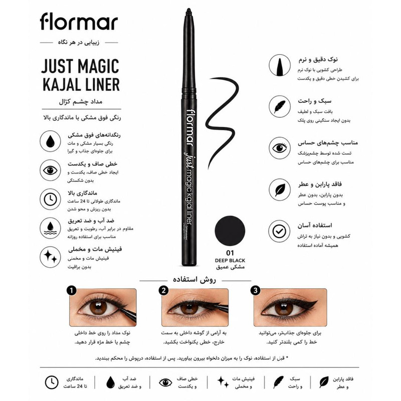 مداد چشم فلورمار مدل Just Magic Kajal شماره 01 رنگ مشکی