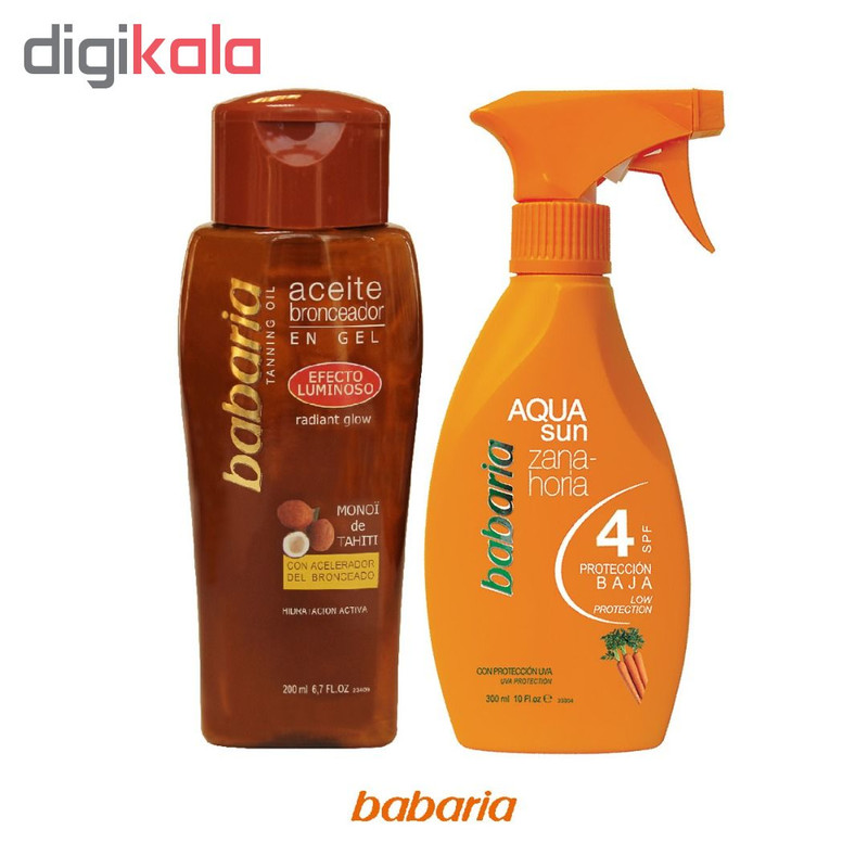 روغن برنز باباریا مدل Coconut حجم ۲۰۰ میلی لیتر به همراه اسپری تثبیت کننده برنز مدل AQUA حجم ۳۰۰ میلی لیتر